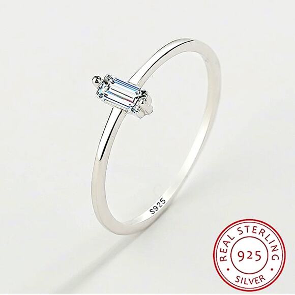 Sterling Silver Rectangular Cubic Zircon Ring Minimalist, Dainty Diamond Size 7 - Picture 4 of 11